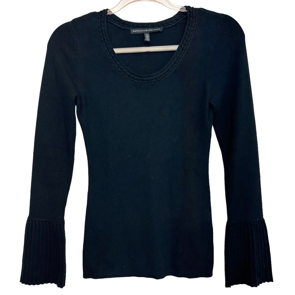 WHBM Braided Pleated Flare Trim Rib Knit Sweater